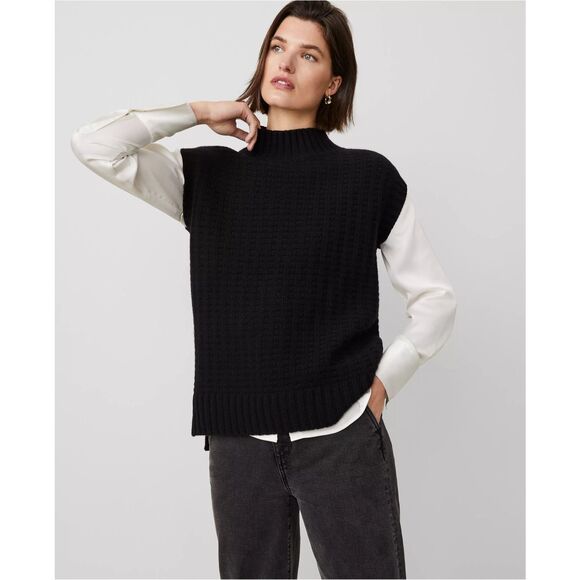 ANN TAYLOR $298 Cashmere Geo Stitch Vest sweater black womens XL - Picture 1 of 10